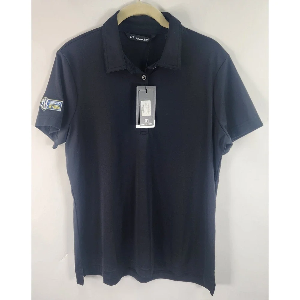 Travis Mathew Oceanside Solid Polo Women's L Black Golf Stretch SEC ESPN Logo
